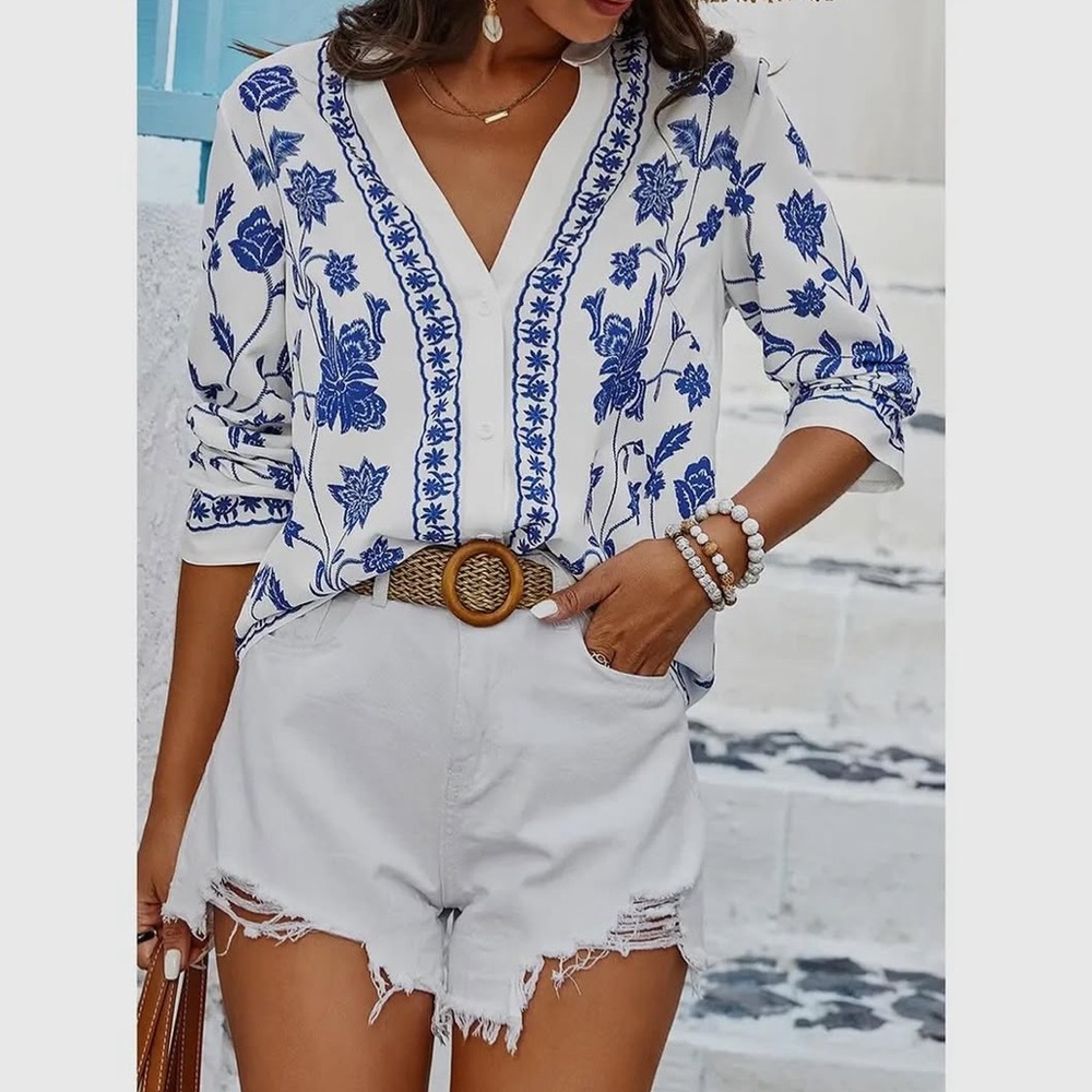 Floral Blue and White Women's Top